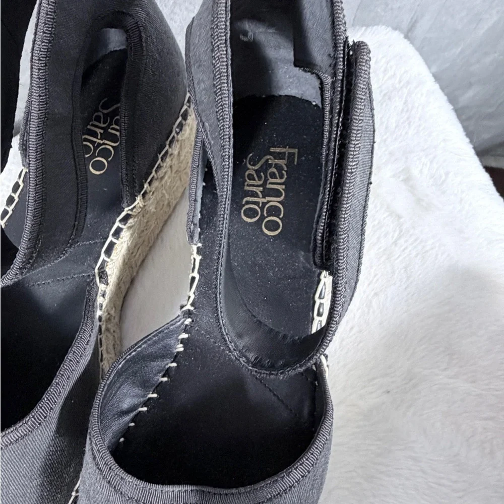 Franco Sarto Black Canvas Espadrille Wedge Sandals Size 9.5